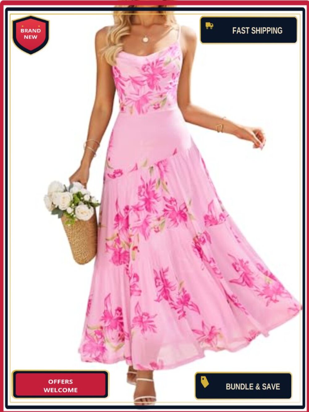 Women's Floral Mesh Maxi Sundress Sleeveless A-Line Spaghetti Strap Cowl Neck